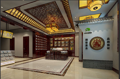 当涂古朴典雅的中式茶叶店大堂设计效果图