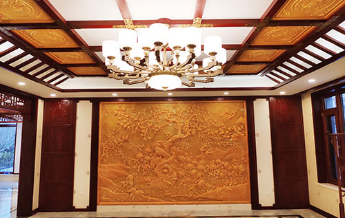 当涂中式别墅客厅中式木作横梁吊顶装饰展示